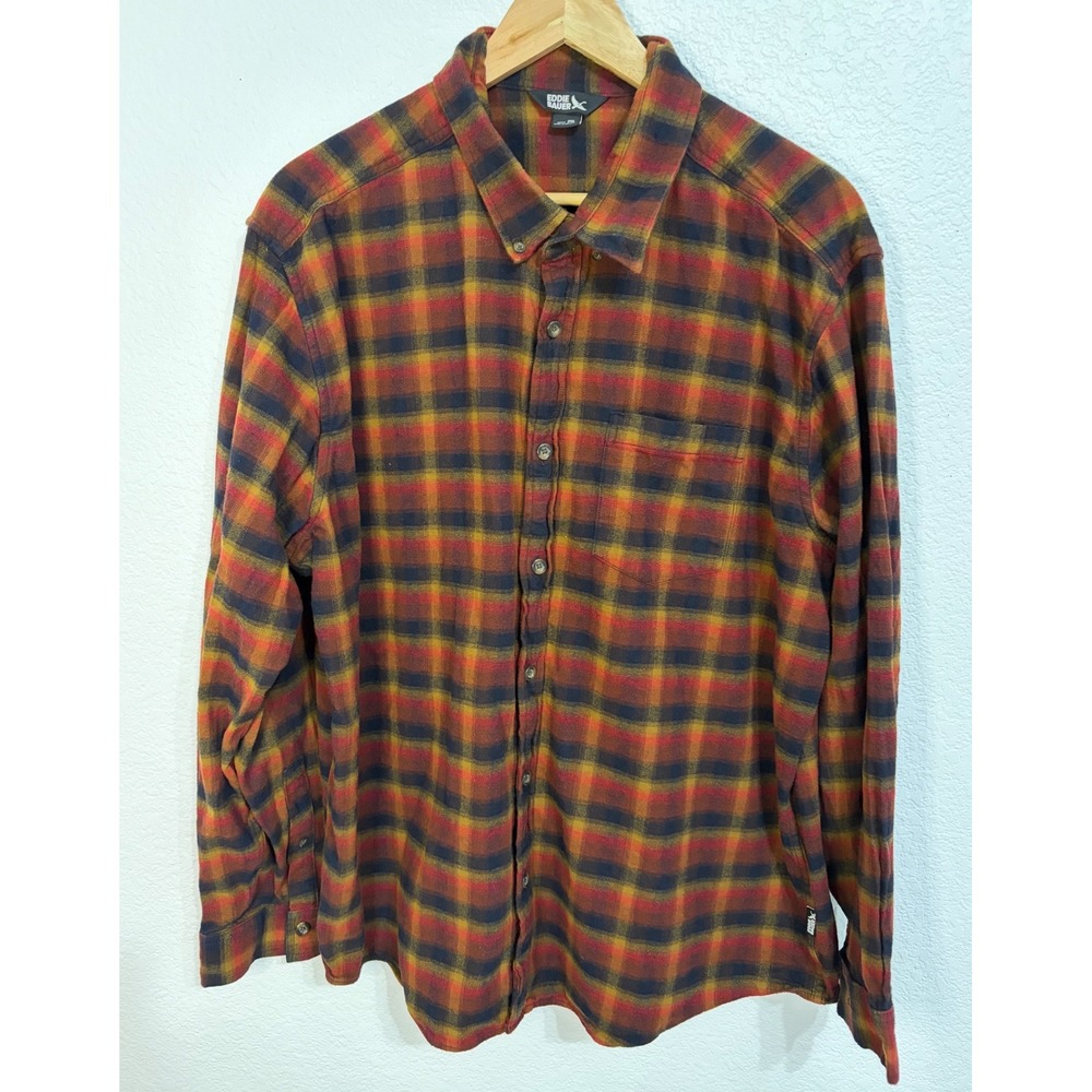 Eddie Bauer Mens 2XL Flannel Shirt Plaid Button Down Long Sleeve Red Orange Navy